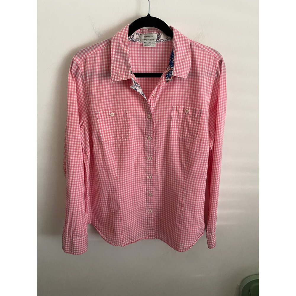 Van Heusen Womens XL Pink Gingham Button Down Shirt Classic Fit Paisley Contrast